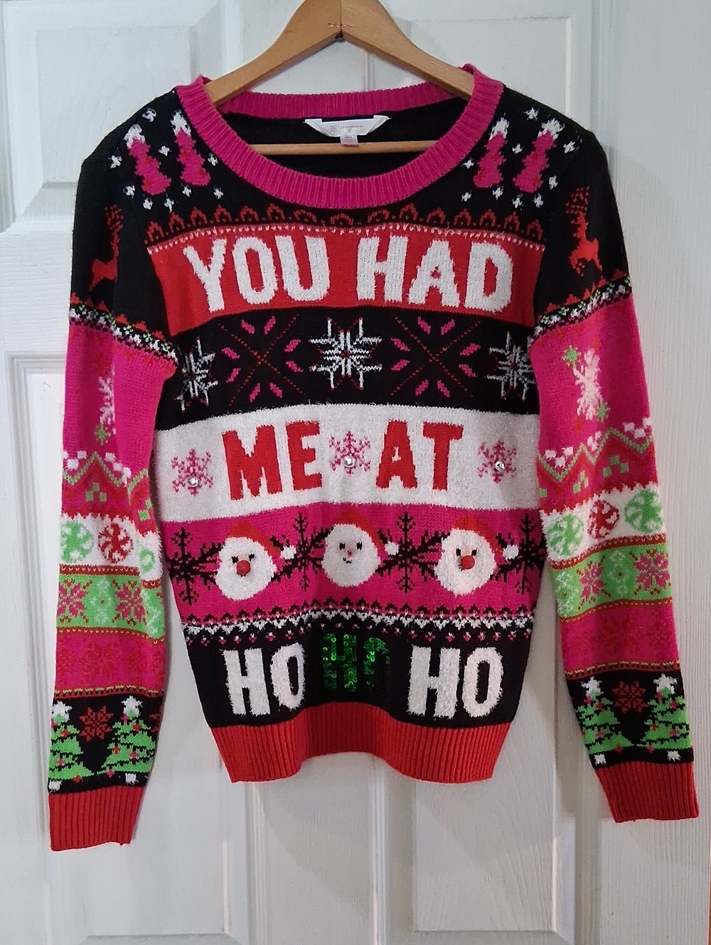 No Boundaries Women's Holiday Sweater - Pink, Black, Red, White, Green